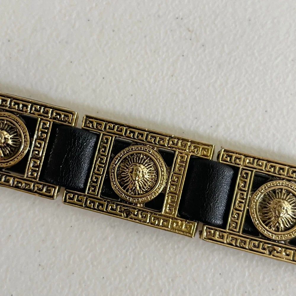 Vintage Ekin Deri Belt Women Black Gold Medusa Lion Head Greek Key Baroque